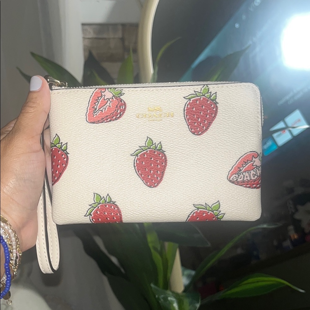 Coach Cream Wristlet with Red Strawberry Print